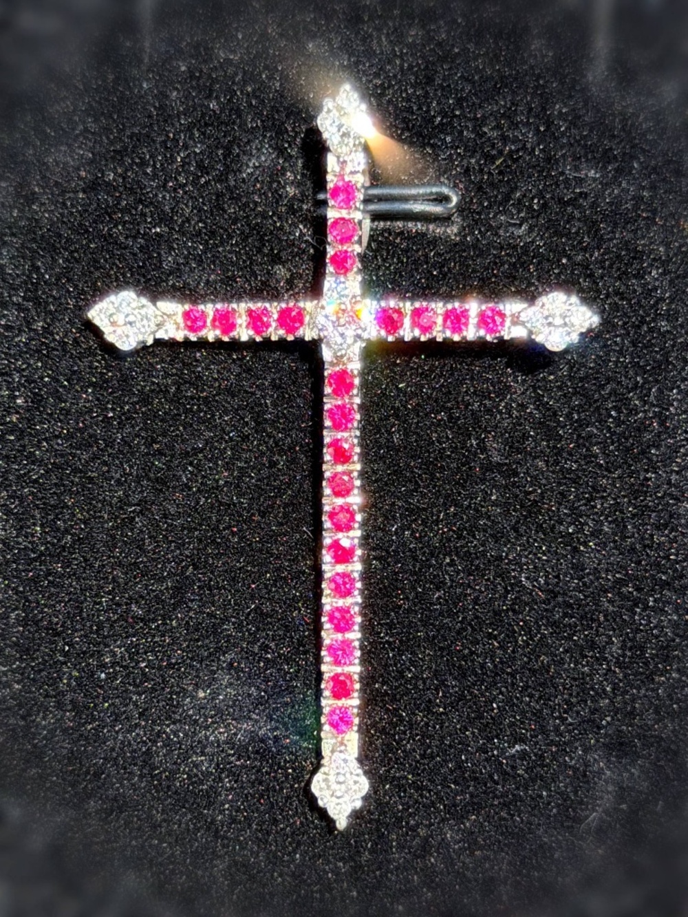 18k solid white gold 0.5CTW Natural Diamond 0.8CTW Red Ruby Stone Cross Charm Pe